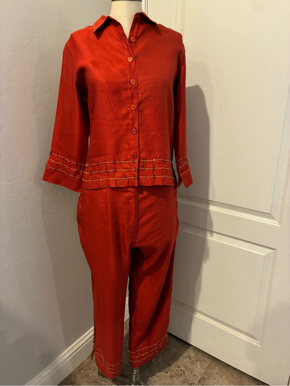 Citron Artwear Silk/Linen Beaded Embroidered Women's Button-Front Capri Set Sz 6